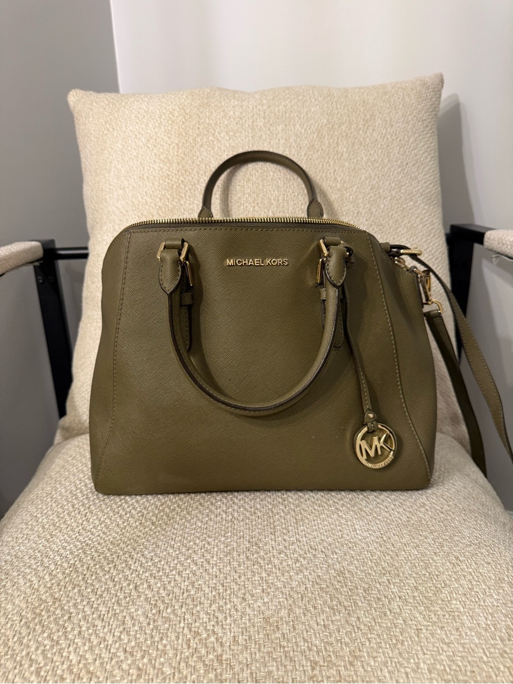 Michael Kors Olive Green Saffiano Leather Satchel with Gold Hardware